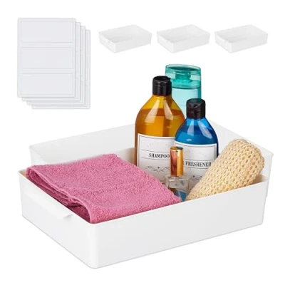 Immagine di Relaxdays Organizer Portaoggetti, Set 4 Scatole, Box Contenitori da Bagno o Cucina, HLP 7x24x34 cm, Plastica, Bianca, 7 x 24 34 cm