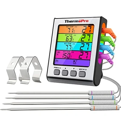 Immagine di ThermoPro TP17H Termometro Da Cucina Digitale con Modalità Timer e Display LCD 4 Sonde Carne per Cottura BBQ Alimenti Manzo Pesce Vitello Pollo Forno Affumicatore Arrosto Griglia
