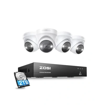 Immagine di ZOSI 4K Kit Videosorveglianza PoE, 8CH 2TB NVR con 4x 8MP Telecamera Audio Bidirezionale, Visione Notturna a Colori, Rilevamento Umano, Registrazione 24/7