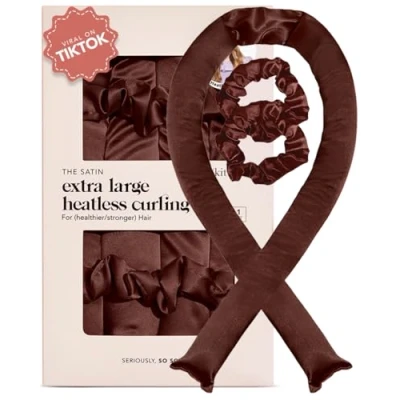 Immagine di Kitsch Set di arricciacapelli XL in raso senza calore, bigodini per dormire durante la notte, riccioli jumbo calore una colore: cioccolato