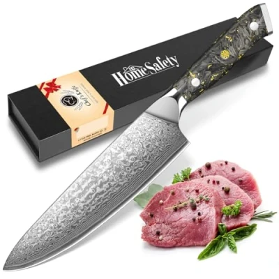 Immagine di Coltello Damasco da Chef, Coltelli Cucina in 67 Strati di Acciaio VG 10, 20 cm Lunghezza Lama Extra Affilata, Manico Ergonomico Resina