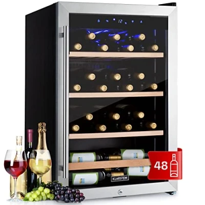 Immagine di KLARSTEIN Cantinetta Vino, Vino Refrigerata a Zona Singola per Interno/Esterni, Frigo Bar, Cantina con Vetrina, Mini Bar Protezione UV, Touch, 4 18C, 48 Bottiglie