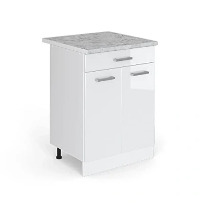 Immagine di Vicco mobiletto base per cucina R line, Bianco lucido/Bianco, 60 cm con cassetto PL Marmo