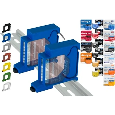 Immagine di Shelly Supporto per guida 16 Shellys: 1 Gen3, 1PM 2PM i4 Plus 1, 1PM, 2PM, i4, 0 10 V, Wave Shutter, (2 blu prime)
