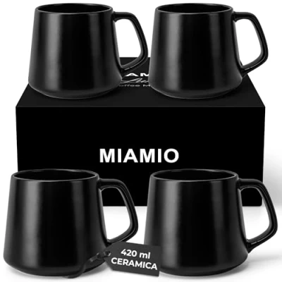 Immagine di MIAMIO Set di Tazze da Caffè (Set 4) / Grandi in Ceramica (420 ml) Tazza per Cappuccino, Tè, Espresso Adatto al Microonde e alla Lavastoviglie Collezione Luxe (Nero)