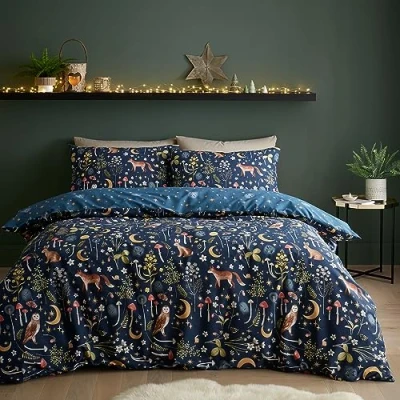 Immagine di Catherine Lansfield Enchanted Twilight Animals Set copripiumino reversibile con federe, per letto king size, colore: blu navy
