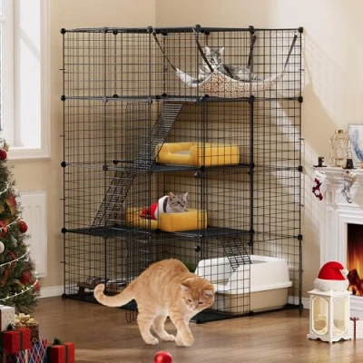Immagine di YITAHOME Grande Gabbia per Gatti da Esterno/Interno, Box in Metallo, Cuccia a 4 Livelli con Porte, 3 Scale, Amaca Grande, Gabbie 1 Gatti, Nero, 104 x 72 140 cm