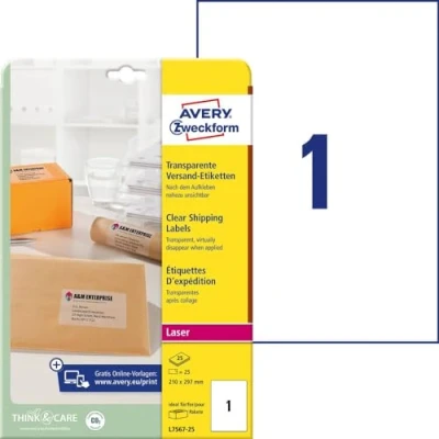 Immagine di Avery Zweckform L7567 25 Etichetta per indirizzo 210 x 297 mm Pellicola in poliestere Trasparente pz. a tenuta permanente Stampante laser, laser
