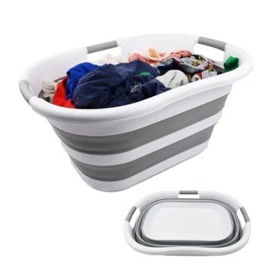 Immagine di SAMMART Cesto portabiancheria pieghevole in plastica, da 40 l, contenitore pop up, vaschetta portatile salvaspazio (1, bianco/grigio)