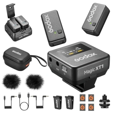 Immagine di GODOX Magic XT1 microfono lavalier wireless per fotocamera (2 TX + 1 custodia di ricarica RX), mini con cancellazione del rumore, batteria 16H, touch screen 200 m,