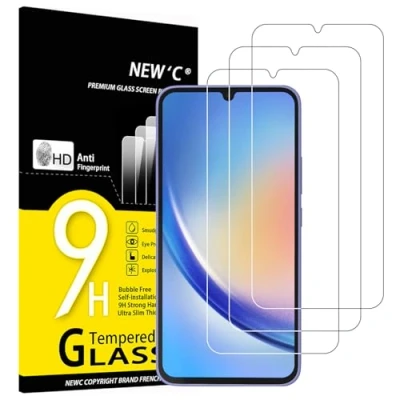 Immagine di NEW&#039;C 3 Pezzi, Vetro Temperato per Samsung Galaxy A34 5G, Pellicola Prottetiva, Senza Bolle, Durezza 9H, 0,33mm Ultra Trasparente, Resistente
