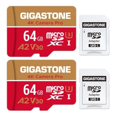 Immagine di Gigastone Scheda di memoria da 64 GB, confezione 2 schede, 4 K, fotocamera Pro, compatibile con GoPro Switch, velocità 95 MB/s. Micro SDXC A2 U3 V30 adattatore SD.