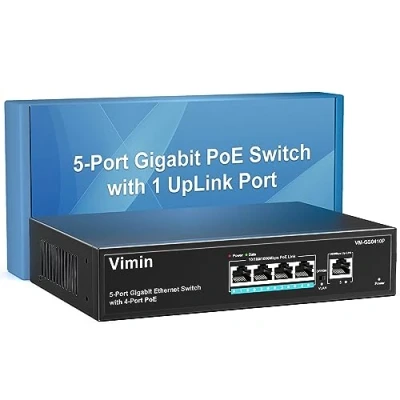Immagine di 4 Port Gigabit PoE Switch Unmanaged with 1 Uplink Ports, 72W High Power, Support IEEE802.3af/at,Vlan. VIMIN 5 Network Power Over Ethernet Switch.