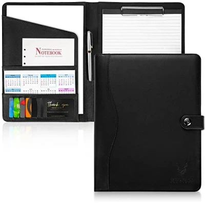 Immagine di AMKSONS Cartellina Portadocumenti A4 In Nero Con Portablocco e Blocco Note A4, materiale Pelle PU Scomparti Per cartella, organizer documenti, Portapenne, Chiusura Magnetica
