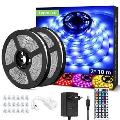 Immagine di LE 20M Striscia LED RGB, Strisce 5050 SMD, 20 Colori Dimmerabili, Luminosa Autoadesiva con Telecomando a 44 Pulsanti, 12V Flessibile per Decorazione Casa, Festa (2x10M)