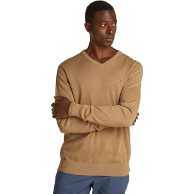 Immagine di Tommy Hilfiger Uomo Pullover Essential Cotton Scollo a V, Beige (Safari Canvas), XXL