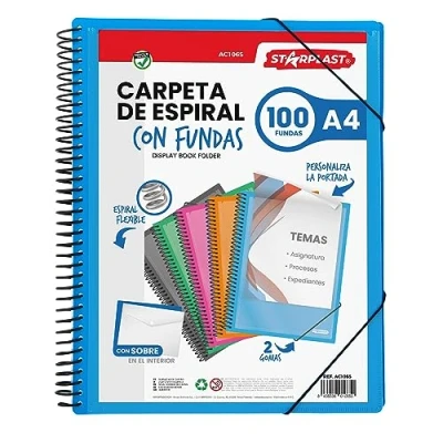 Immagine di Starplast Cartella buste Spirale Flessibile 100 trasparenti, A4, chiusura elastica, copertina in polipropilene, personalizzabile, per uso scolastico e ufficio colore Blu