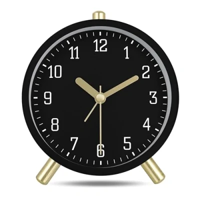 Immagine di Lafocuse Metallo Sveglia senza Ticchettio con Luce Notturna, Moderno Nero da Comodino Analogico, Classico Silenzioso Semplice Orologi Scrivania e Scaffale 11cm