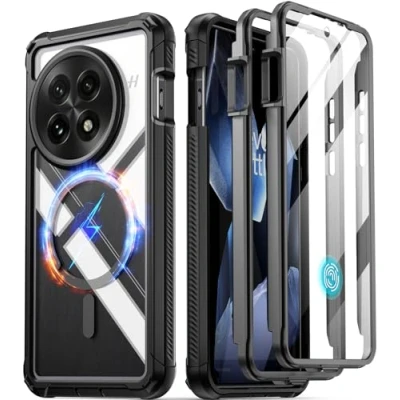 Immagine di Poetic Guardian custodia per OnePlus 13 5G, pellicola protettiva integrata [funziona con ID impronte digitali], [2 cornici anteriori] integrale antiurto robusta trasparente, nero/trasparente