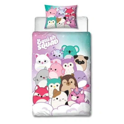 Immagine di Character World Squishmallows Set copripiumino singolo con licenza ufficiale, design luminoso, reversibile, 2 lati, federa coordinata, perfetto per la camera dei bambini, in policotone