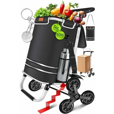 Immagine di KESSER® Carrello spesa Montascale con scomparto refrigerante, Capacità di 56L, Caricabile fino a 50kg, Trolley e borsa Tracolla 3in1, incl. Chip per la spesa, Pieghevole, Nero