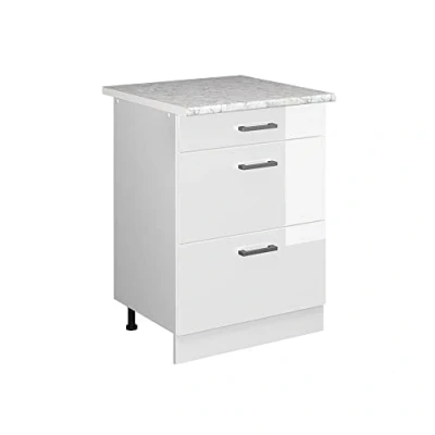 Immagine di Vicco mobiletto base per cucina R line, Bianco lucido/Bianco, 60 cm con cassetti PL Marmo