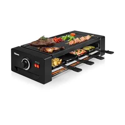 Immagine di Tristar RA 2736 Macchina multifunzionale per raclette e pizza termostato regolabile con doppio elemento riscaldante superficie di cottura 43 x 23 cm 8 persone senza BPA 1300 Watt