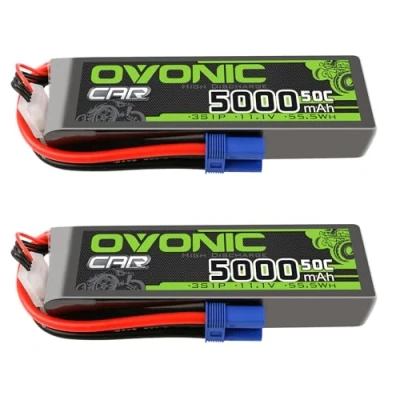Immagine di OVONIC Batteria Lipo da 3 s, 11,1 V, 5000 mAh, 50 C, con spina EC5, celle per auto 1/8 e 1/10 RC, FPV UAV barca, aereo, elicottero multirotore (2 pezzi