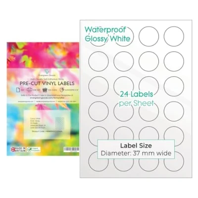 Immagine di Evergreen Goods™ etichette adesive rotonde in formato A4, impermeabili, colore bianco lucido, 37 mm (24 per foglio, 230 totale) 10 fogli Stampabile a getto d&#039;inchiostro con retro