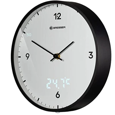 Immagine di Bresser MyTime Orologio da parete con radio senza ticchettio, quadrante 24 cm, indicatore di secondi LED, temperatura interna e movimento silenzioso, colore: Bianco