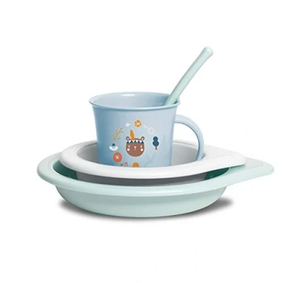 Immagine di Suavinex, Set di stoviglie per bambini composto da piatto + ciotola tazza cucchiaio, 4 pezzi, a partire 6 mesi, lavabile in lavastoviglie, microonde, foresta blu