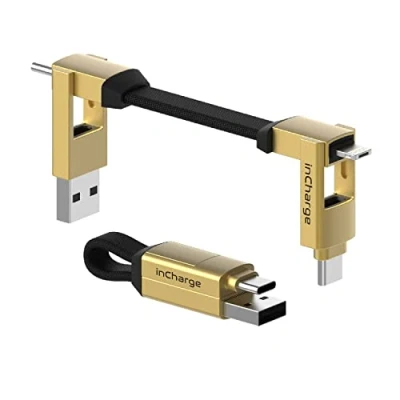 Immagine di Rolling Square inCharge 6 Portachiavi con Cavo Usb Type c, Cavetto Universale Cellulare, Regalo Uomo, Caricatore Cellulare in 1, Gadget Tecnologico, Oro, Lightning da 15W