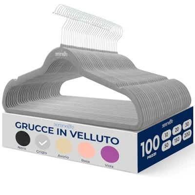 Immagine di SereneLife Grucce Appendiabiti Antiscivolo in Velluto, 100 Stampelle Armadio, Set di Resistenti con Gancio Ruotabile a 360 Gradi, per Felpe, Abbigliamento Bambino