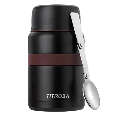 Immagine di TITIROBA contenitore termico per mangiare senza BPA 304, in acciaio inox da 500 ml, con cucchiaio e borsa nero..