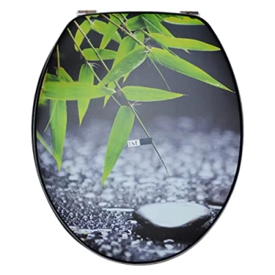 Immagine di BM 7008 Copriwater Sedile Tavoletta WC Universale Coperchio Toilet Seat Bagno in Legno MDF Nero Decorato Motivo Pietre Bambu Triple Black, Misura Standard Fissaggio dal Basso Cerniere Acciaio