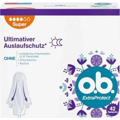 Immagine di o.b. ExtraProtect Super, tamponi per giorni forti con tecnologia Dynamic Fit e alette di protezione extra, la massima dalle fuoriuscite (1 x 42 pezzi)