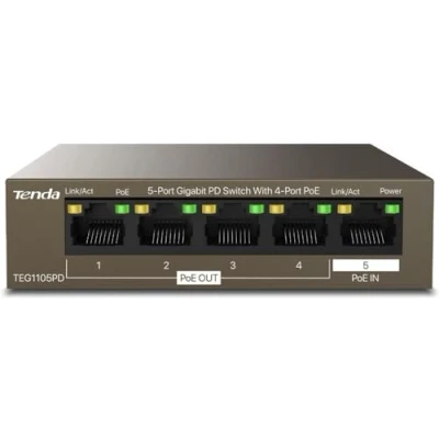 Immagine di Tenda TEG1105PD, Switch PoE Gigabit a 5 porte con 4 PoE+@30W, hub di rete domestica non gestito, splitter Ethernet, design PSE e PD, metallo robusto senza ventole, protezione vita limitata