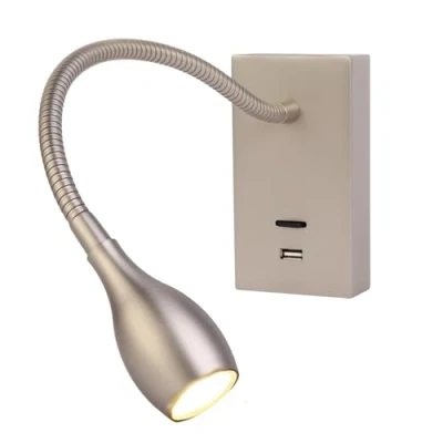 Immagine di Meanyee lampada da lettura parete, comodino a collo di cigno con interruttore/porta ricarica USB/regolabile, 3 W 3000 K, finitura nichel spazzolato, MY WN198N
