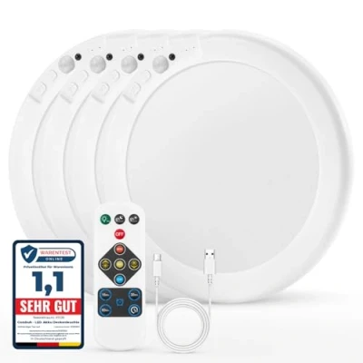Immagine di Combuh Led Plafoniera Batteria Sensore Movimento, Lampada da Soffitto Ricaricabile Senza Fili, con Telecomando, Per Garage, Ripostiglio, Balcone, Doccia, 4 Pezzo