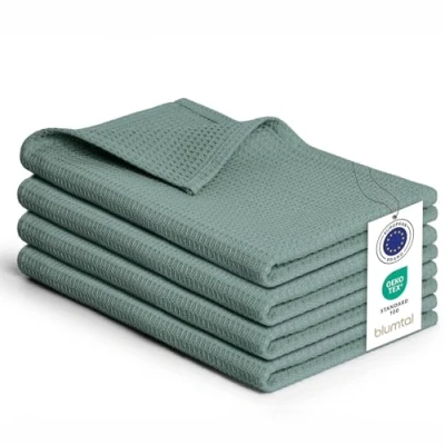 Immagine di Blumtal strofinacci cucina cotone 50x70cm in set da 4 stracci 100% canovacci lavabili a 60C asciugamani con design waffle asciughini verde