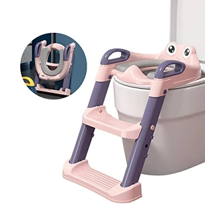 Immagine di Balakaka Riduttore WC per Bambini con Scaletta,Pieghevole Baby Training Vasino Sedile,Antiscivolo,Regolabile in Altezza,Robusto Sedile Toilette Morbido Cuscino 1 7 Anni(Rosa)