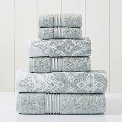 Immagine di Modern Threads Set di 6 pezzi, 2 asciugamani da bagno, per le mani, tinti in filo jacquard/tinta unita, Charlize Salvia scura
