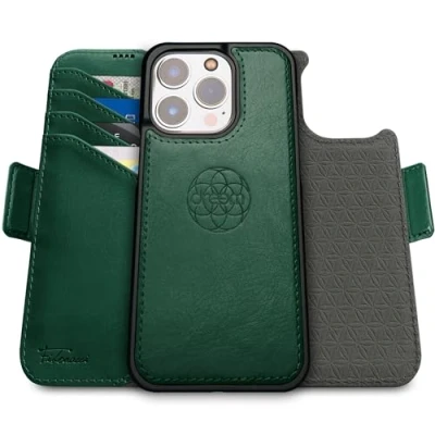 Immagine di dreem Fibonacci compatibile con iPhone 15 Pro Max custodia a portafoglio/custodia antiurto 2 in 1 e folio pelle vegana staccabile, MagSafe, protezione RFID [Verde]