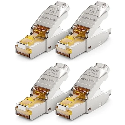 Immagine di deleyCON 4x Spina di Rete CAT 7 RJ45 Connettore Schermato Senza Attrezzi 10 Gbit/s 600 MHz per Cavi Installazione Rigidi Grezzi a Ethernet LAN Patch
