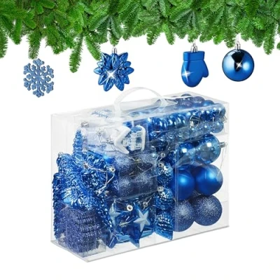Immagine di Relaxdays Palline di Natale, Set 100 Addobbi Natalizi, Palle Opache, Lucide, Glitter, 10 Design Diversi, Plastica, Blu