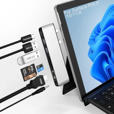 Immagine di Accessori Surface Pro 9, Docking Station 9 con HDMI 4K, USB C Thunderbolt 4 (Display+Dati+100W PD), 2 3.0, Audio 3.5mm, Lettore di schede SD/TF per 9/Pro X