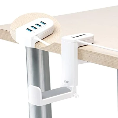 Immagine di KIWIFOTOS supporto per cuffie con gancio girevole a 360 + morsetto regolabile molla, da gioco tavolo, USB 3.0 x1 2.0 x3 bianco
