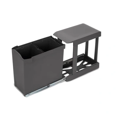 Immagine di Emuca Pattumiere per raccolta differenziata cucina, 2 x 14L, fissaggio inferiore, estrazione automatica, Acciaio e Tecnoplastica, Grigio antracite