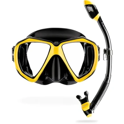 Immagine di Cressi Set Ranger &amp; Dry High quality Snorkel for Adults, Mask and in Practical Case, Nero/Giallo