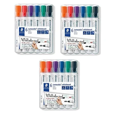 Immagine di Staedtler Lumocolor 351 WP6 Pennarello per lavagna bianca, punta tonda, larghezza circa 2 mm, set di 6 colori (3 custodie)